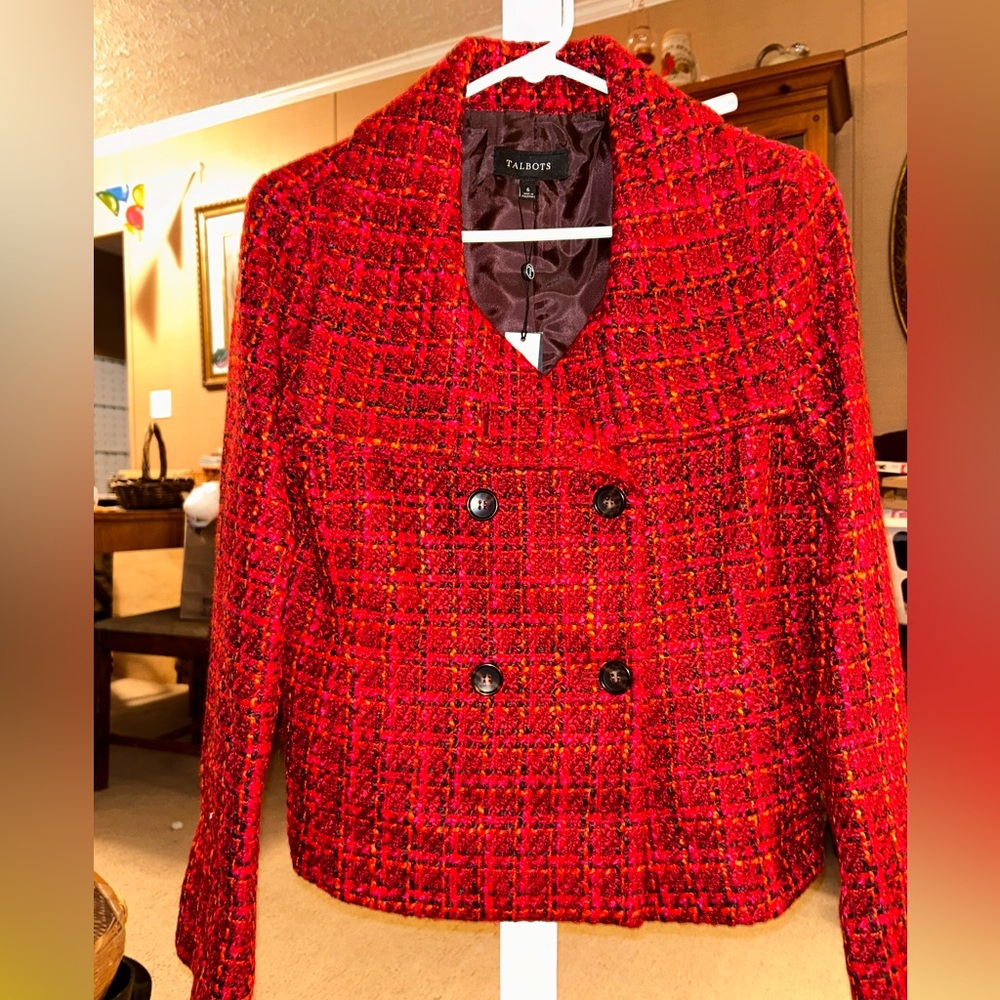 Talbots Women's Vibrant Red Tweed Pea Coat size 6 NWT - Picture 5 of 9